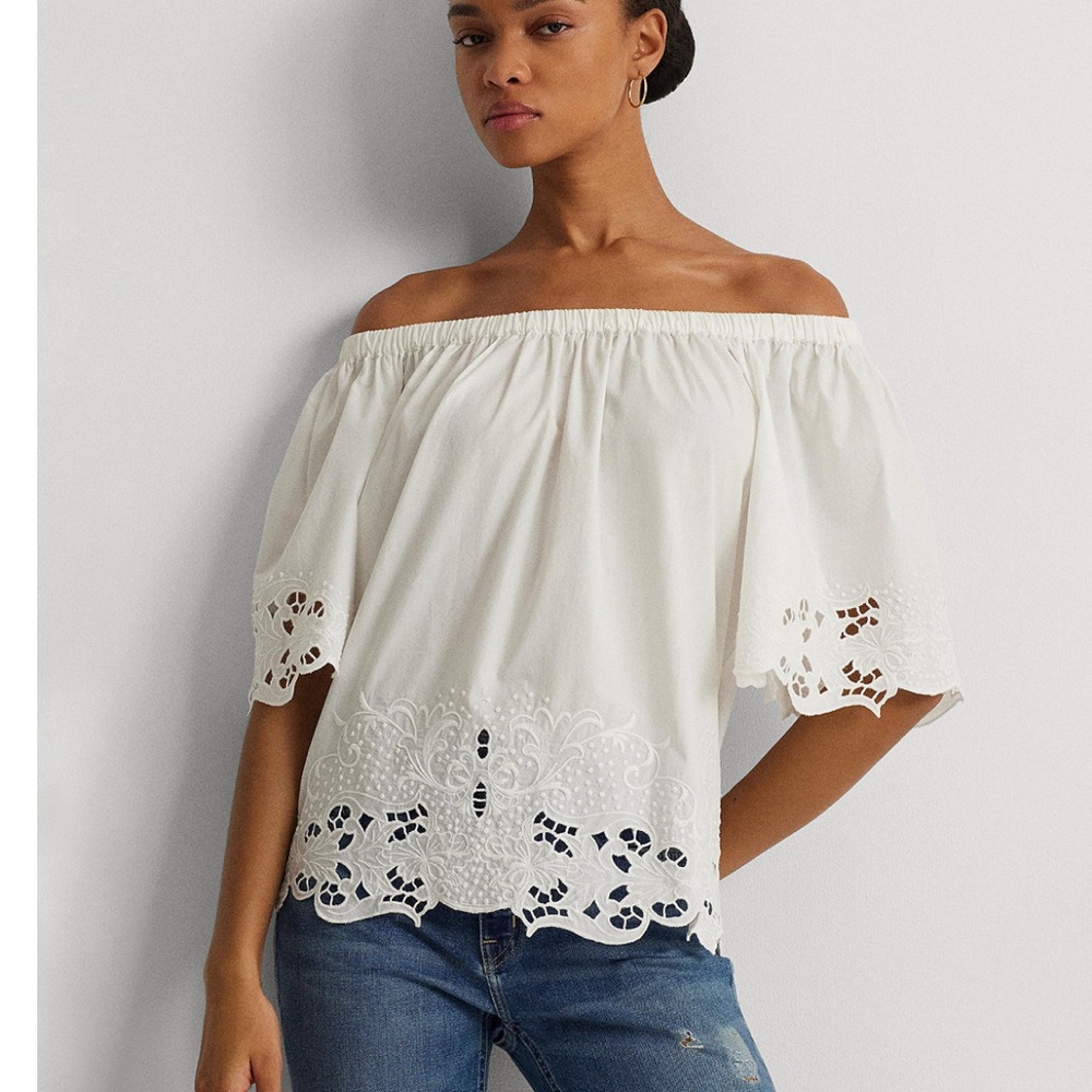 Lauren Ralph Lauren Eyelet Cotton Off-The-Shoulder Flutter Raglan Sleeve Blouse